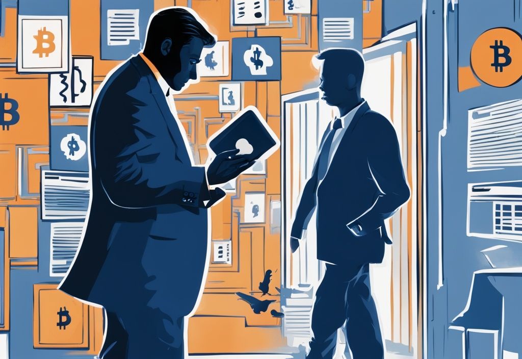 Silhouette einer heimlichen Figur, die Bitcoin-Icons in eine versteckte Wallet überträgt, während im Hintergrund schattenhafte Gestalten von Regierungs- oder Steuerbehörden lauern, Bitcoin Steuer umgehen.