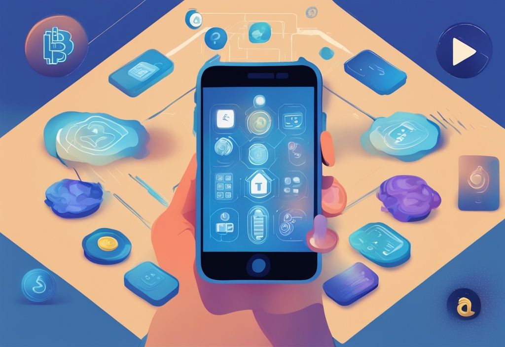 Smartphone-Bildschirm mit Krypto-Apps und Fragezeichen, digitale Illustration in Blau