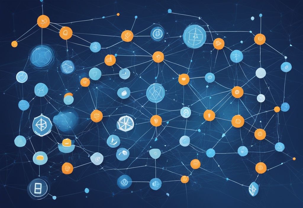 Moderne digitale Malerei mit blauem Farbschema, zeigt ein Netzwerk verbundener Knoten mit Symbolen verschiedener Kryptowährungen in einem dezentralen Muster