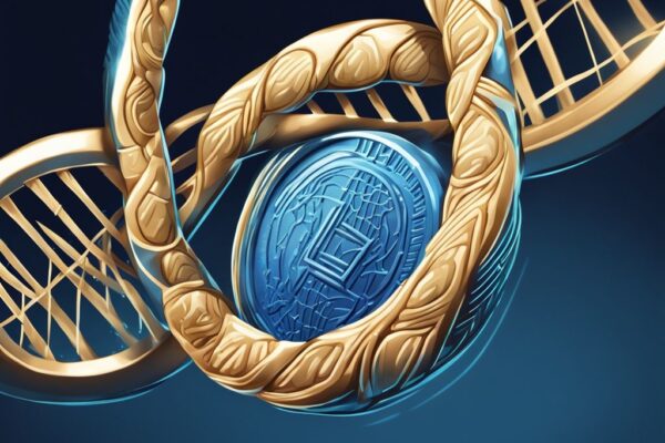 Moderne digitale Malerei mit blauem Farbschema, glänzende Münze und leuchtender DNA-Strang zur Darstellung des Konzepts von Entangle Coin, was ist Entangle Coin.