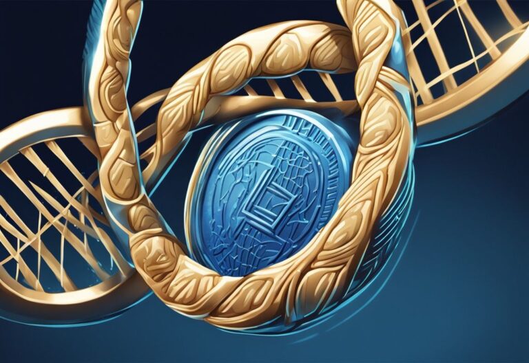 Moderne digitale Malerei mit blauem Farbschema, glänzende Münze und leuchtender DNA-Strang zur Darstellung des Konzepts von Entangle Coin, was ist Entangle Coin.