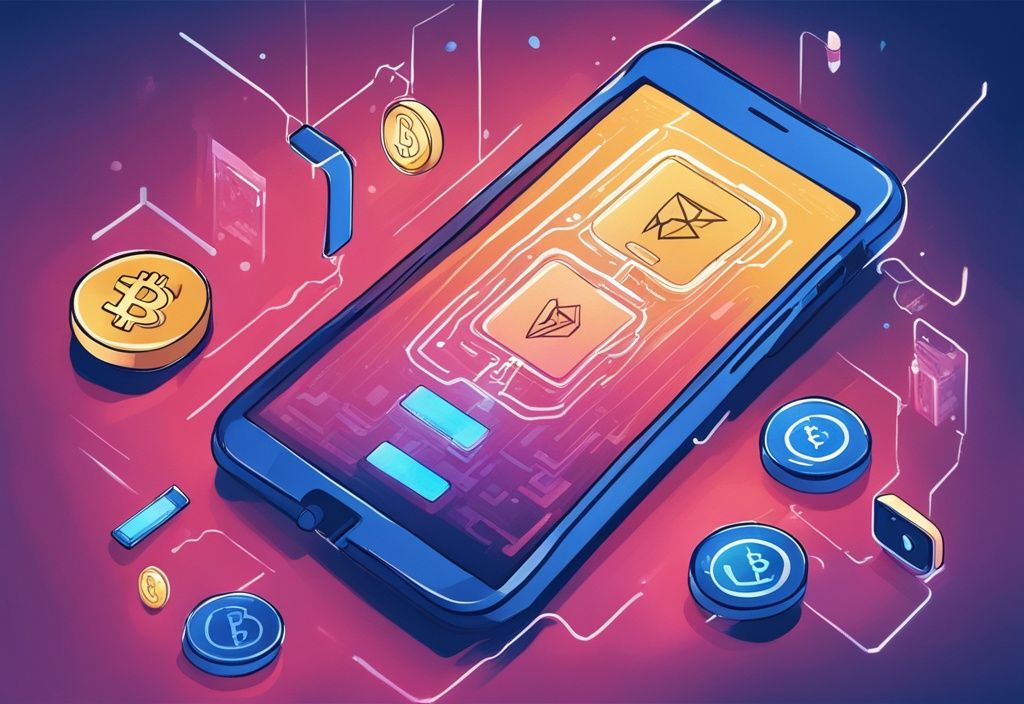 Moderne digitale Malerei mit Schwerpunkt auf Blau, High-Tech-Smartphone mit Kryptowährungssymbolen und laufender Blockchain-Transaktion auf dem Bildschirm.