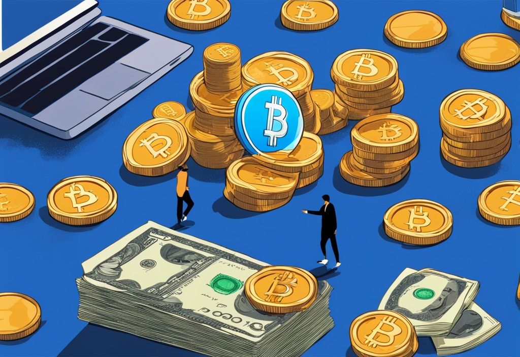 Moderne digitale Malerei mit blauem Farbschema, Ethereum- und Bitcoin-Münzen, Geldstapel, Menschen aus verschiedenen Lebensbereichen zeigen ihren wohlhabenden digitalen Lebensstil, wie viele Krypto Millionäre gibt es.