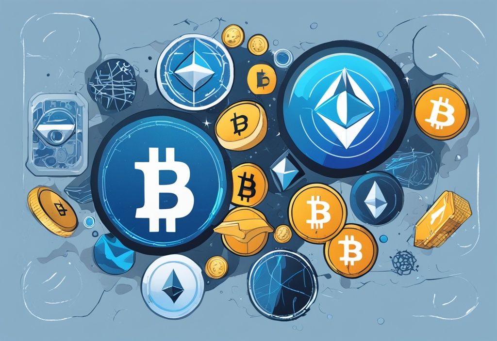 Moderne digitale Illustration mit blauem Farbschema, zeigt Kryptowährungslogos von Bitcoin, Ethereum, Binance Coin, Tether und Cardano in absteigender Reihenfolge auf dynamischem Hintergrund.