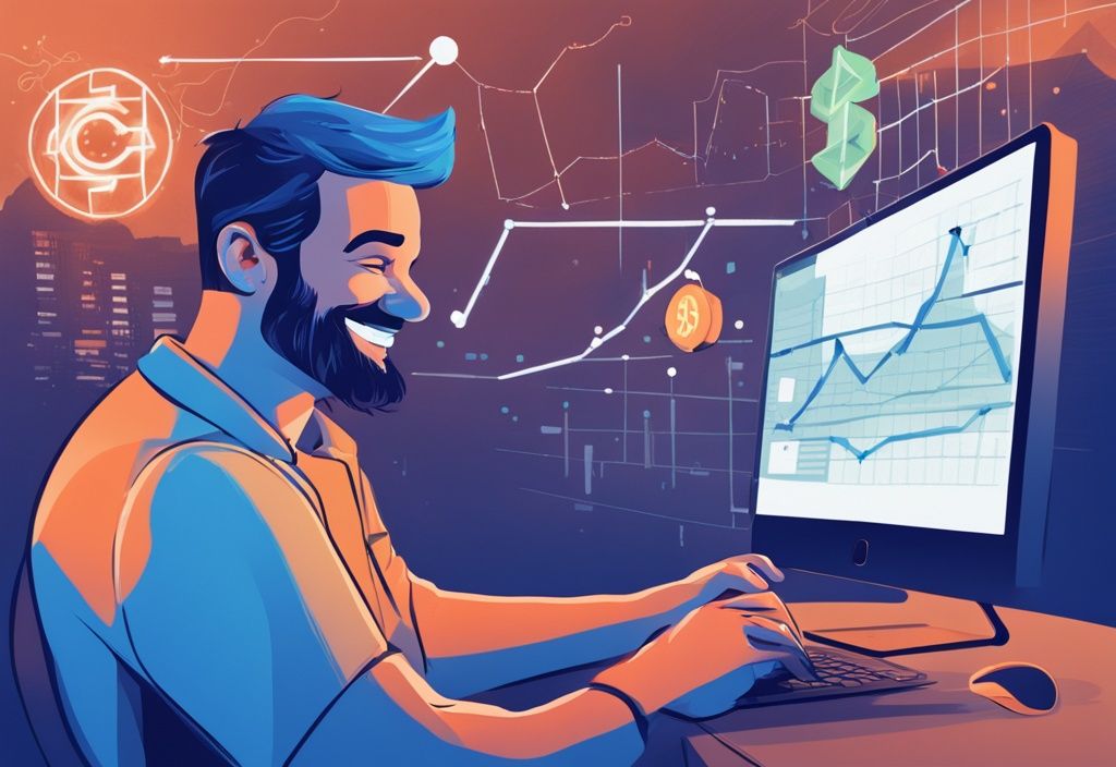 Reicher Investor lächelt und schaut auf seinen Computerbildschirm mit steigenden Grafiken und Kryptowährungssymbolen, moderne digitale Malerei in Blau.