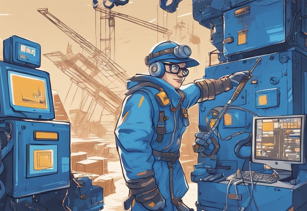 Moderne digitale Malerei eines nerdigen Charakters mit Bergbauausrüstung, der auf einen digitalen Bildschirm zeigt, der verschiedene Schritte und Anweisungen zu Nerdminer demonstriert, Hauptfarbe Blau.