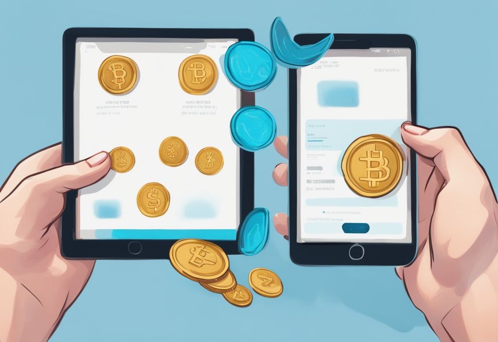 Moderne digitale Malerei mit blauer Farbgebung, Hände halten ein Tablet, auf dem eine digitale Münze gleichzeitig an zwei verschiedene Wallets gesendet wird, Konzept des Double Spending.