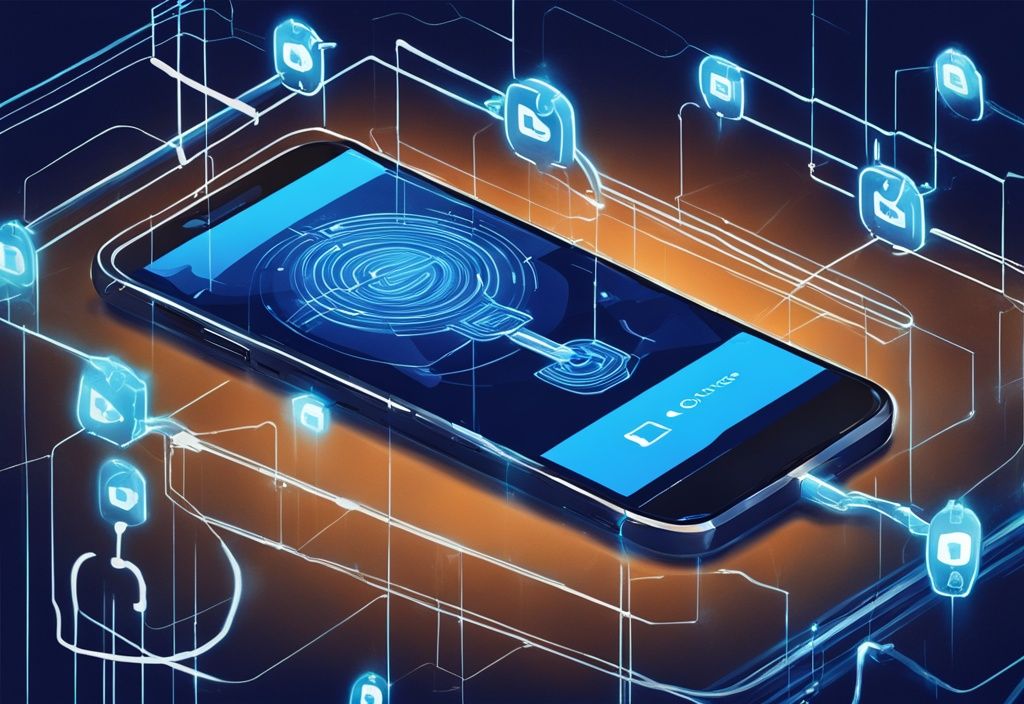 Modernes digitales Gemälde mit blauem Farbschema, das ein futuristisches Smartphone mit einem Schlosssymbol auf dem Bildschirm zeigt, überlagert von einem Netzwerk aus Kettengrafiken, das Blockchain-Technologie symbolisiert, was ist ein Kryptohandy.
