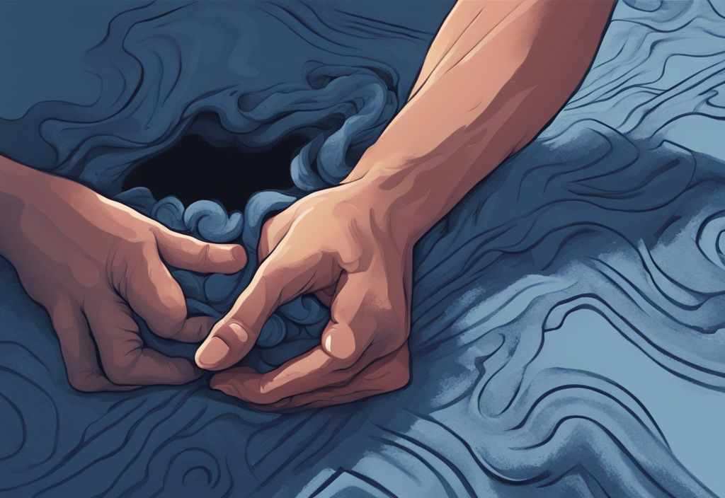 Moderne digitale Malerei mit blauem Farbschema, eine große Hand zieht an der Ecke eines luxuriösen Teppichs, der einen schockierenden Abgrund darunter enthüllt, Rugpull