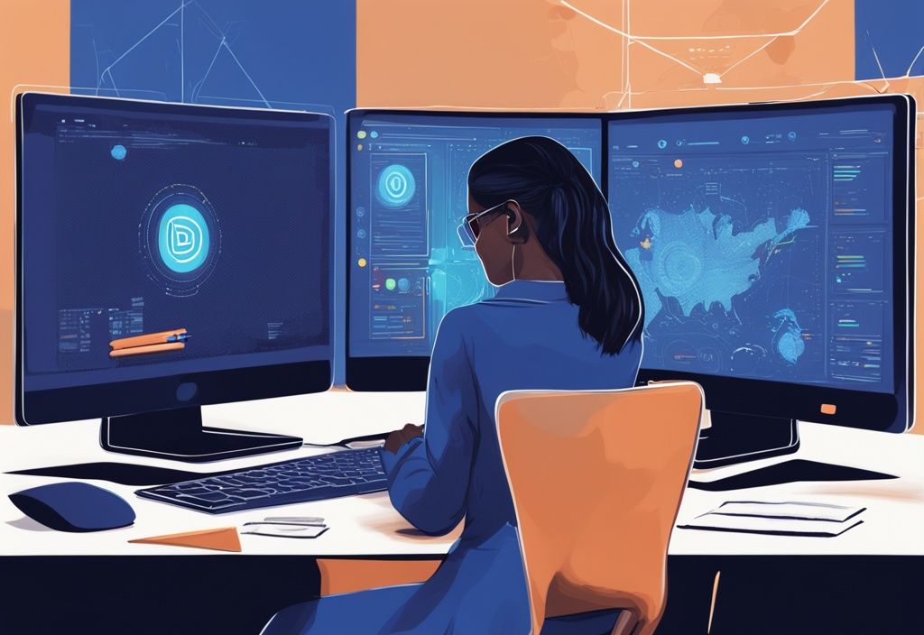 Moderne digitale Malerei einer Anfängerin, die an ihrem Computer sitzt und eine vereinfachte Kryptowährung Erklärung für Anfänger auf ihrem Bildschirm studiert, Hauptfarbthema Blau.