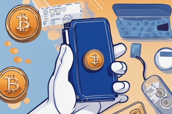 Hand hält Ellipal Wallet neben Smartphone mit Wallet-Interface, schwebende Symbole von Bitcoin und Ethereum – Ellipal Wallet Test