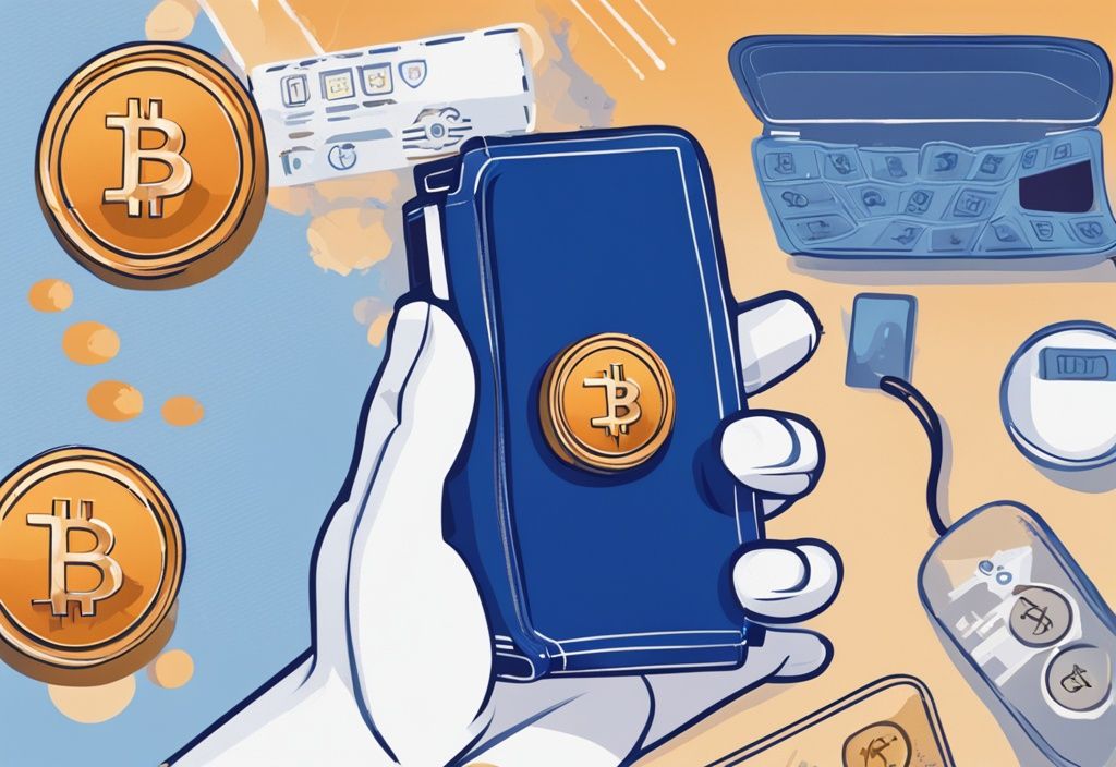 Hand hält Ellipal Wallet neben Smartphone mit Wallet-Interface, schwebende Symbole von Bitcoin und Ethereum – Ellipal Wallet Test