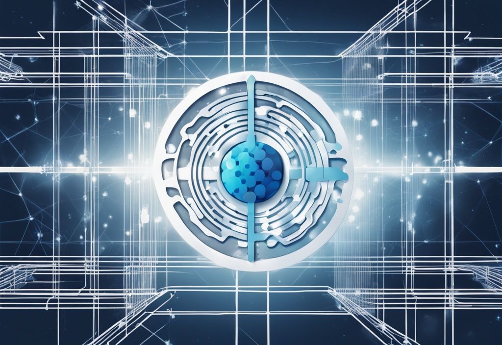 Moderne digitale Malerei mit blauem Farbschema, Cardano-Logo als stilisiertes Unendlichkeitssymbol über einem Blockchain-Netzwerk schwebend