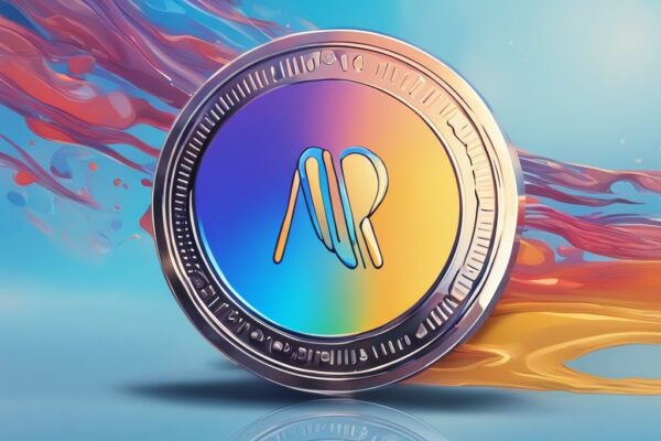 Moderne digitale Malerei mit blauem Farbschema, glänzende Myro Coin auf reflektierender Oberfläche, umgeben von buntem abstraktem Hintergrund