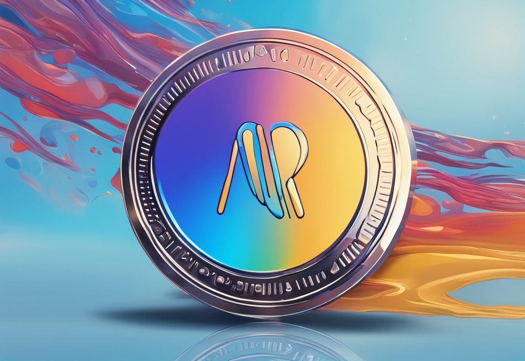 Moderne digitale Malerei mit blauem Farbschema, glänzende Myro Coin auf reflektierender Oberfläche, umgeben von buntem abstraktem Hintergrund