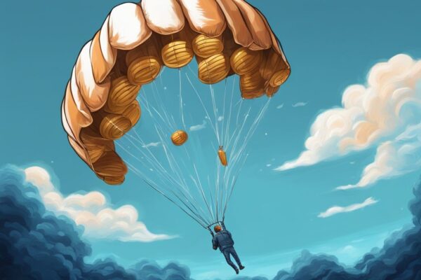 Moderne digitale Malerei mit blauem Farbschema, realistischer Fallschirm verteilt digitale Münzen, Airdrop Krypto Event.