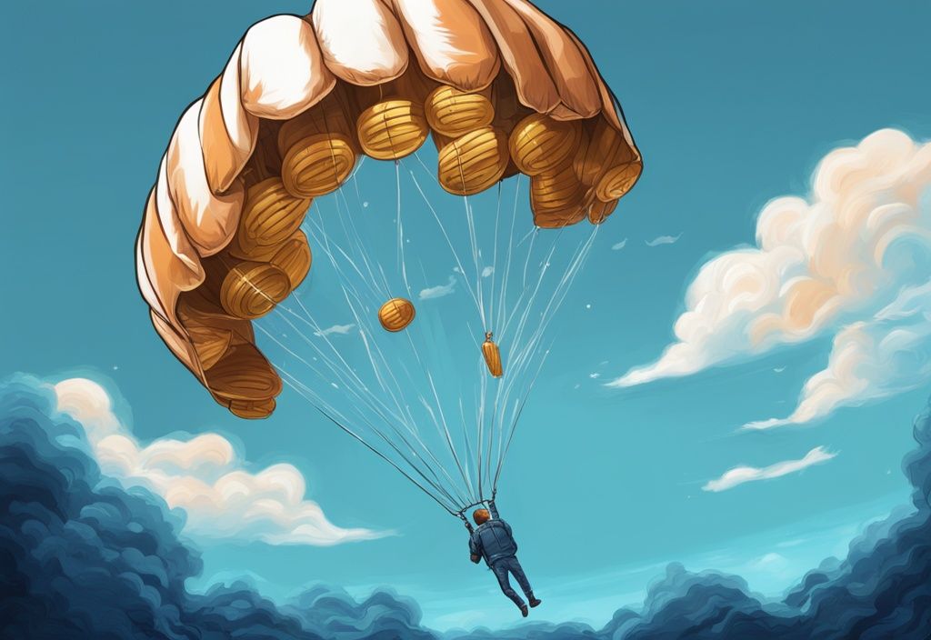 Moderne digitale Malerei mit blauem Farbschema, realistischer Fallschirm verteilt digitale Münzen, Airdrop Krypto Event.