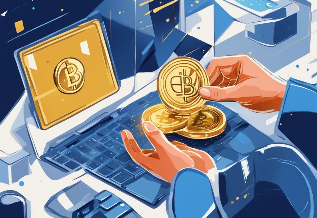 Digitale Illustration in Blau mit zwei Händen, die aus Computerbildschirmen auftauchen und eine goldene Kryptowährungsmünze übergeben, symbolisiert eine Transaktion.