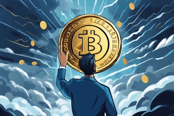 Moderner digitaler Gemäldeillustration eines selbstbewussten Investors, der eine goldene Münze mit der Aufschrift 'Crypto' inmitten eines stürmischen Unwetters hält, HODL Bedeutung.