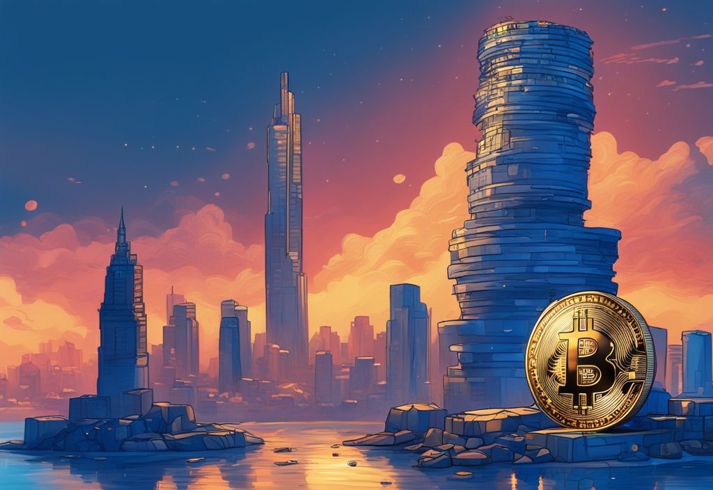 Moderne digitale Malerei mit blauem Farbschema, zeigt einen hohen Stapel goldener Bitcoin-Münzen neben einer Miniaturstadt, symbolisiert die Größe der Bitcoin-Blockchain.