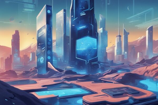 Futuristische Landschaft mit metallischen Gebäuden und großem digitalen Bildschirm, der DeFi-Symbole und -Diagramme anzeigt.