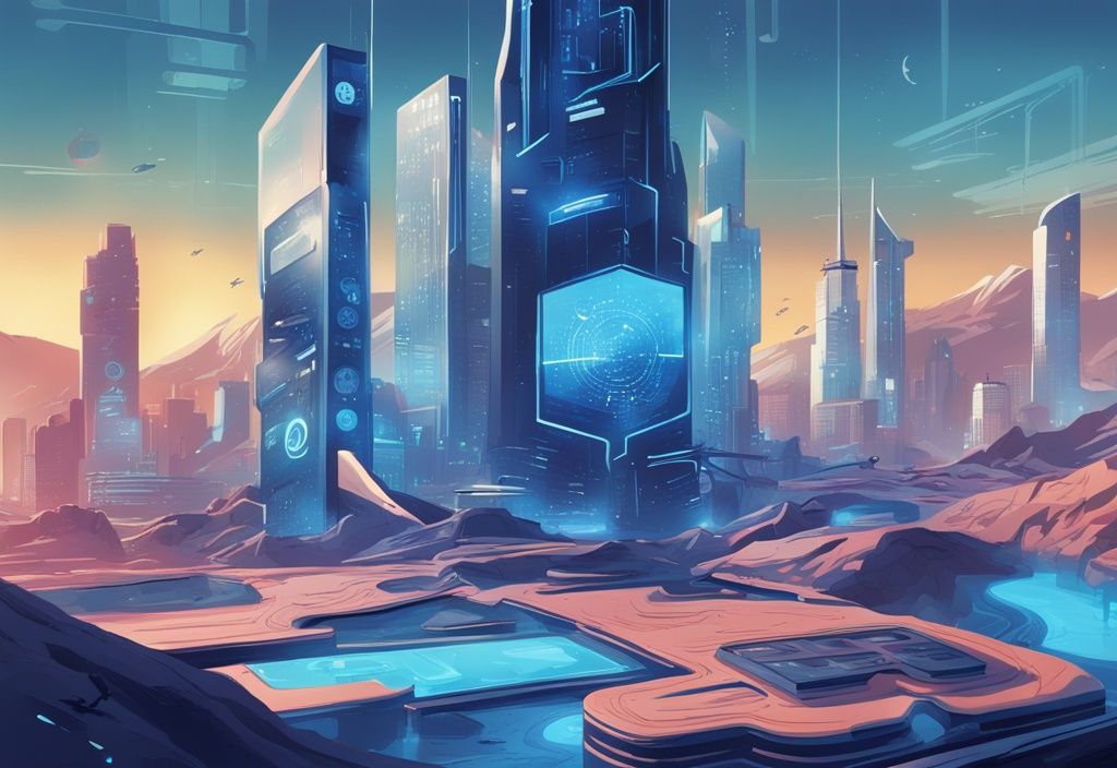 Futuristische Landschaft mit metallischen Gebäuden und großem digitalen Bildschirm, der DeFi-Symbole und -Diagramme anzeigt.