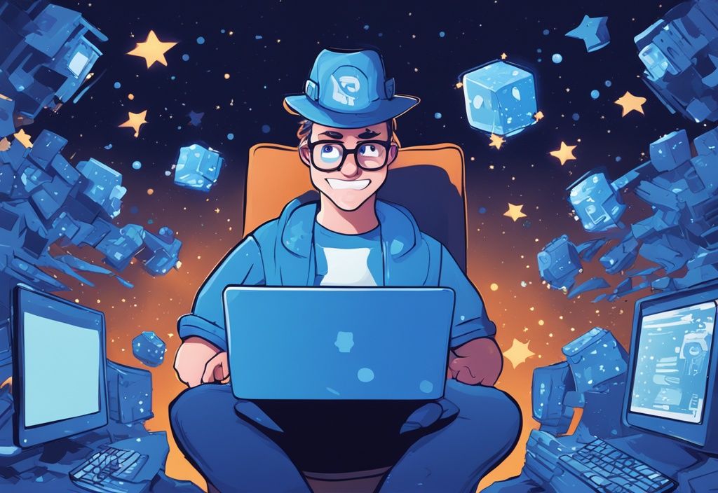 Moderner digitaler Gemäldeillustration eines nerdigen Charakters, der begeistert die Nerd Miner V2 Software auf seinem Computer bedient, umgeben von zahlreichen positiven Bewertungssternen, Hauptfarbthema Blau.
