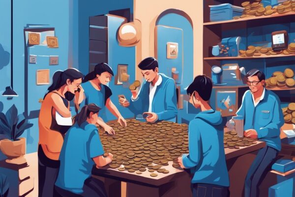 Moderne digitale Malerei, blaues Farbschema, Menschen sammeln und tauschen Münzen, Coinpanion Erfahrungen, Aufregung und Entdeckung