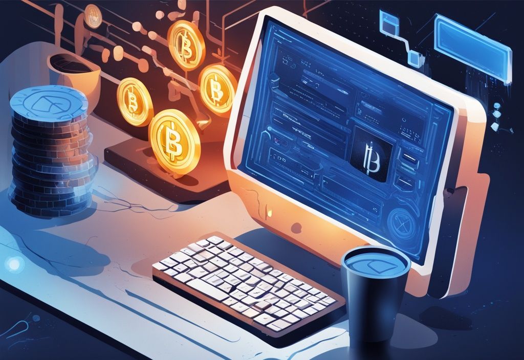 Moderne digitale Malerei mit blauem Farbschema, die eine Blockchain-Transaktion auf einem Bildschirm zeigt, die eine erhebliche Menge an Kryptowährung als Nachweis der Mittel verifiziert.