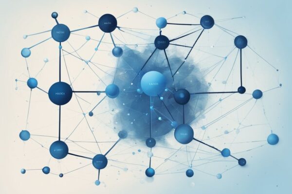 Moderne digitale Malerei mit blauem Farbschema, die ein Netzwerkdiagramm mit verschiedenen verbundenen Punkten darstellt, wobei einige Knoten vergrößert und beschriftet sind, um ihre Bedeutung zu definieren; was sind Nodes.