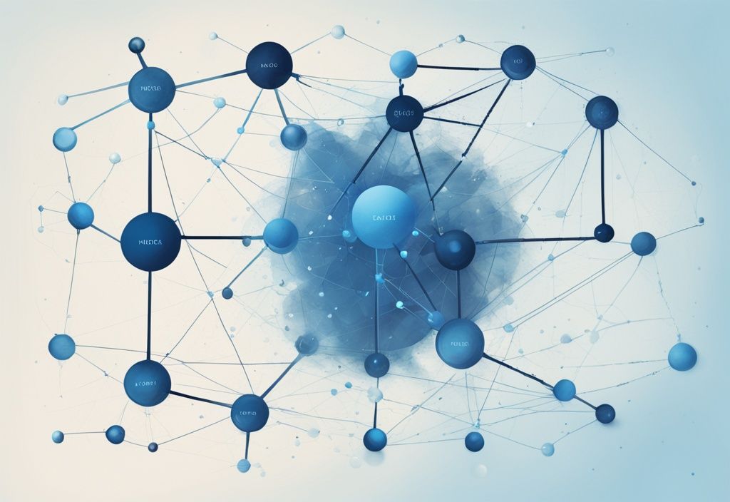 Moderne digitale Malerei mit blauem Farbschema, die ein Netzwerkdiagramm mit verschiedenen verbundenen Punkten darstellt, wobei einige Knoten vergrößert und beschriftet sind, um ihre Bedeutung zu definieren; was sind Nodes.