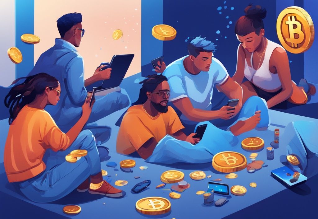 Moderne digitale Illustration mit blauem Farbschema, diverse Gruppe von Menschen, die ein digitales Spiel spielen, mit Kryptowährungen und Symbolen, die aus ihren Geräten auftauchen.
