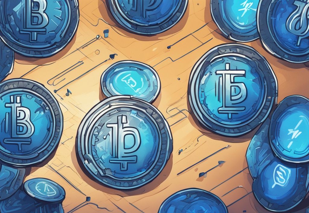 Moderne digitale Malerei mit blauem Farbschema, die auf einem Bildschirm die Verwandlung einer einzelnen Münze in 10 Münzen zeigt und das 10-fache Wachstum in der Krypto-Welt symbolisiert, was bedeutet 10x bei Krypto.