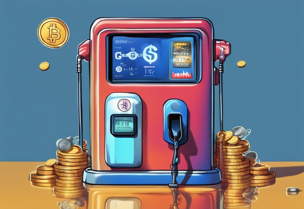 Moderne digitale Illustration einer Zapfsäule mit Kryptowährungen, die in ein durchsichtiges Sparschwein fließen, Hauptfarbe Blau