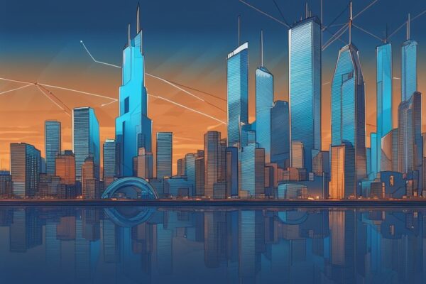 Futuristische Stadtlandschaft mit digitalem Bildschirm, der einen aufsteigenden Bitcoin-Kurs 2024 zeigt – Bitcoin Prognose 2024.