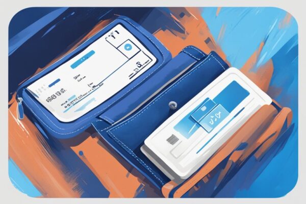 Moderne digitale Malerei mit blauem Farbschema, digitaler Geldbörse und komplexem alphanumerischem Code, beschriftet als 'Wallet Address' - Was ist eine Wallet Adresse?