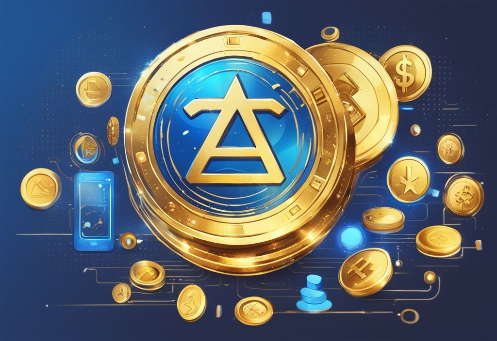 Moderne digitale Malerei mit blauem Farbschema, glänzendes goldenes MGC Coin Symbol, umgeben von Symbolen für Technologie, Investitionen und Online-Transaktionen.