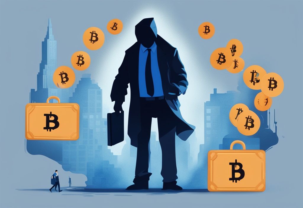 Silhouette eines heimlichen Charakters, der Bitcoin-Icons in ein verstecktes Wallet überträgt, im Hintergrund schattenhafte Figuren von Regierungs- oder Steuerbehörden, Bitcoin Steuer umgehen