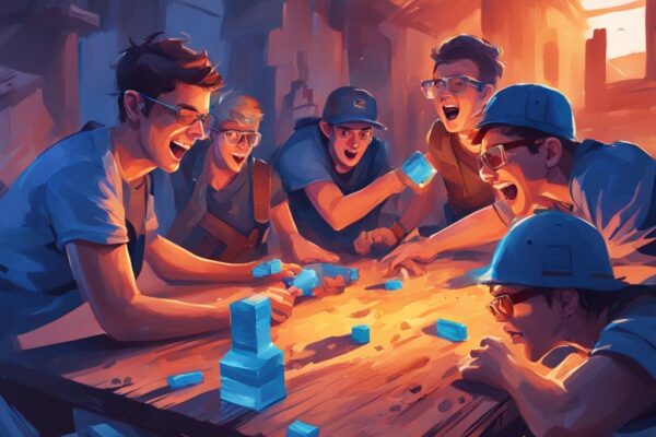 Moderne digitale Illustration in Blau, junge Freunde spielen begeistert Nerf Miner V2, zeigen Spannung und Intensität ihrer Nerf Miner V2 Erfahrungen