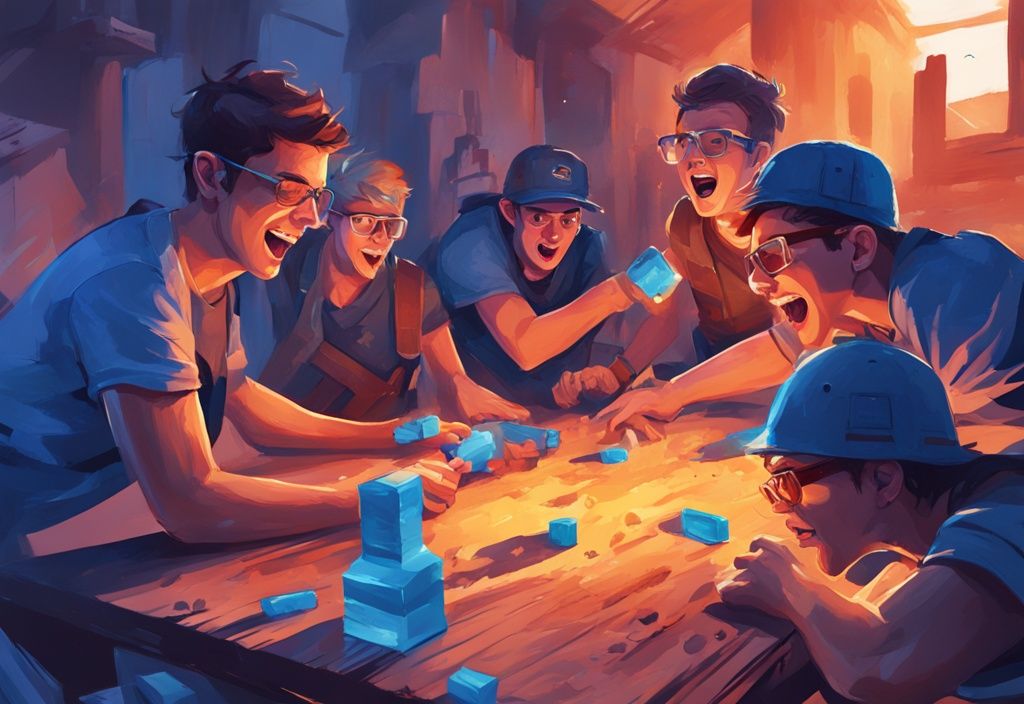 Moderne digitale Illustration in Blau, junge Freunde spielen begeistert Nerf Miner V2, zeigen Spannung und Intensität ihrer Nerf Miner V2 Erfahrungen