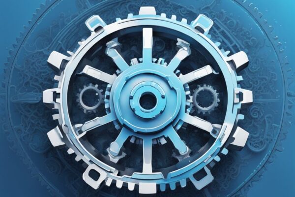 Moderne digitale Malerei mit blauer Farbgebung zeigt dreidimensionales, komplexes Zahnradmechanismus in Form des Cardano-Logos, repräsentiert die Technologie der Cardano-Blockchain, was ist Cardano.