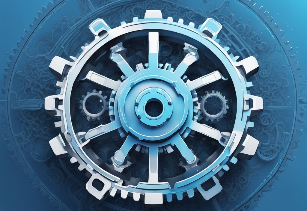 Moderne digitale Malerei mit blauer Farbgebung zeigt dreidimensionales, komplexes Zahnradmechanismus in Form des Cardano-Logos, repräsentiert die Technologie der Cardano-Blockchain, was ist Cardano.