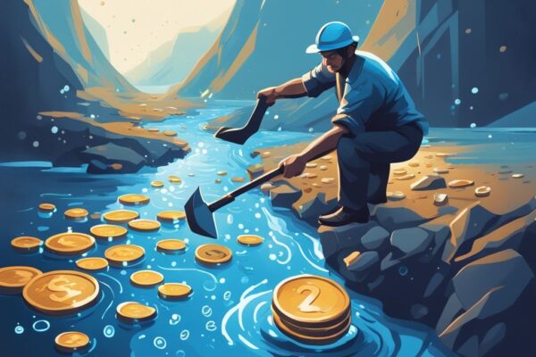 Liquidity Mining Rendite: Der Weg zu maximalem Gewinn mit Krypto Moderner digitaler Malerei-Illustration mit einem digitalen Bergmann, der mit einer Spitzhacke glitzernde Münzen aus einem Strom von Zahlen und Daten zieht, symbolisiert den Prozess der Liquidity Mining Rendite.