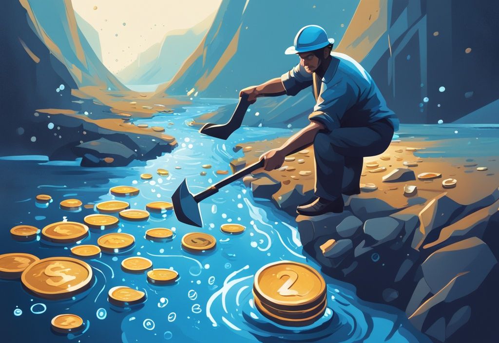 Moderner digitaler Malerei-Illustration mit einem digitalen Bergmann, der mit einer Spitzhacke glitzernde Münzen aus einem Strom von Zahlen und Daten zieht, symbolisiert den Prozess der Liquidity Mining Rendite.