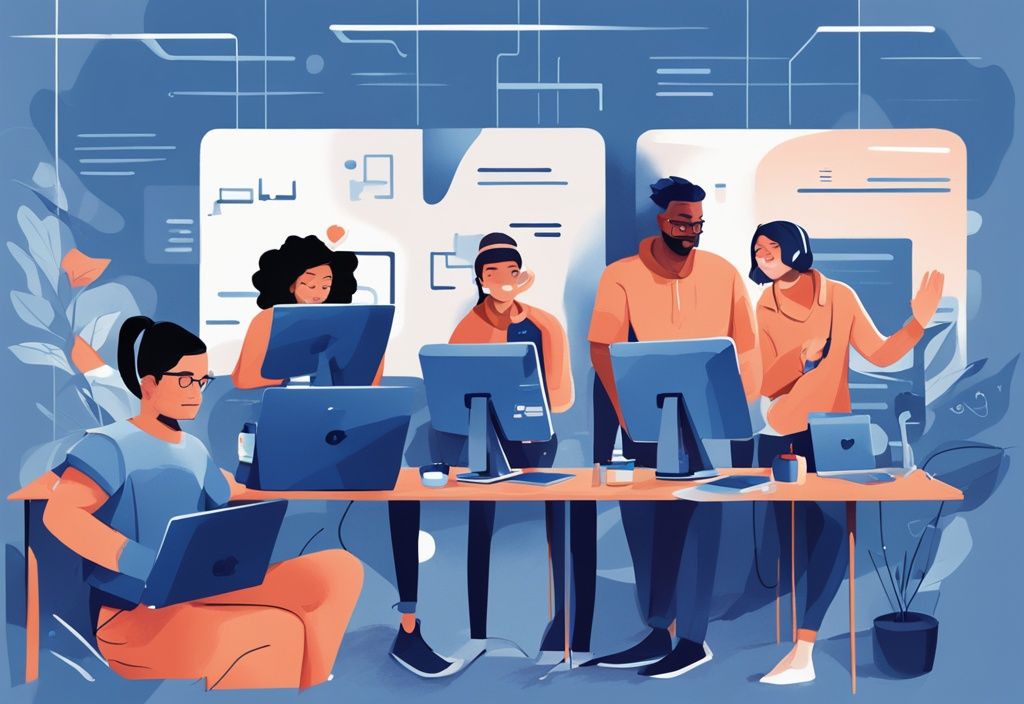 Moderne digitale Illustration in Blau, verschiedene zufriedene Menschen arbeiten an Computern mit sichtbarer 3Commas-Plattform.