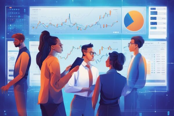 Moderne digitale Malerei mit blauem Farbschema, diverse Gruppe von Menschen untersucht Krypto oder Aktien Kursdiagramme auf großem futuristischen Bildschirm.