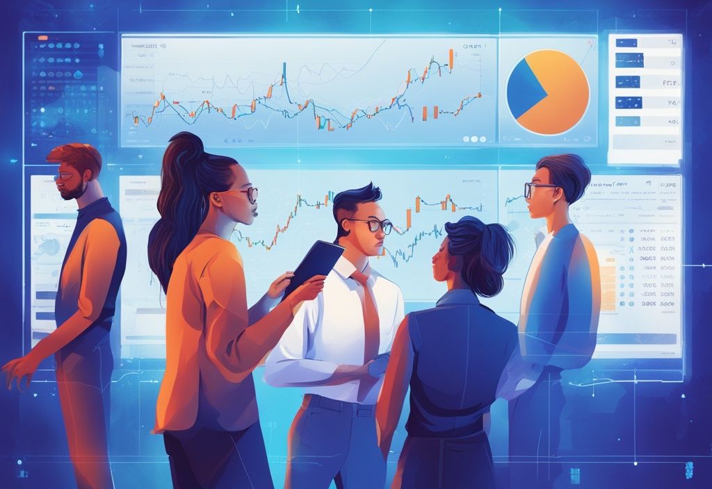 Moderne digitale Malerei mit blauem Farbschema, diverse Gruppe von Menschen untersucht Krypto oder Aktien Kursdiagramme auf großem futuristischen Bildschirm.