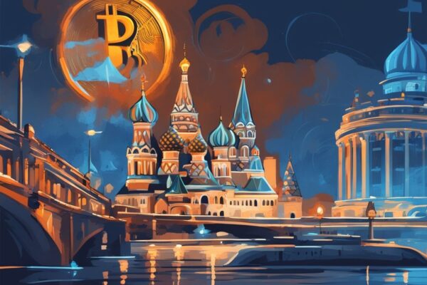 Moderne digitale Malerei mit blauem Farbschema, ikonisches Moskauer Wahrzeichen wie der Kreml oder die Basilius-Kathedrale im Hintergrund, digitale Uhr zeigt Moskauer Zeit, Bitcoin-Symbole und Daten über der Stadtlandschaft, Moscow Time Bitcoin Bedeutung.