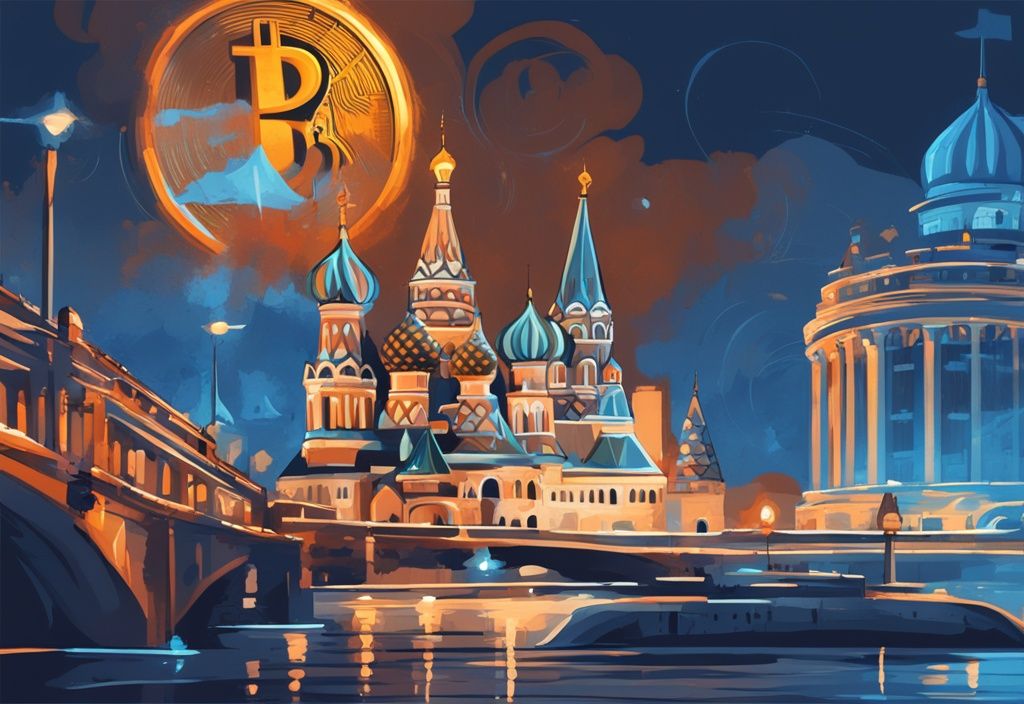 Moderne digitale Malerei mit blauem Farbschema, ikonisches Moskauer Wahrzeichen wie der Kreml oder die Basilius-Kathedrale im Hintergrund, digitale Uhr zeigt Moskauer Zeit, Bitcoin-Symbole und Daten über der Stadtlandschaft, Moscow Time Bitcoin Bedeutung.