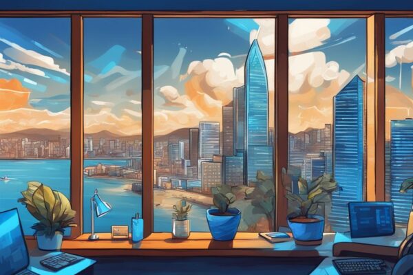 Moderne digitale Malerei der Skyline von Puerto Rico mit Krypto-Elementen wie Bitcoin, Steuersymbolen und digitalen Bildschirmen mit Finanzdiagrammen, Puerto Rico Krypto Steuern.